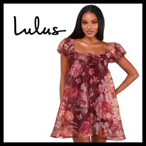 Lulus Cute Flair Wine Red Floral Organza Puff Sleeve Shift Mini Dress Size